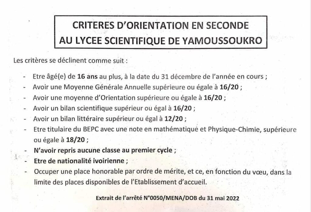 Critères orientation 2024 en 2nde au Lycée scientifique de Yamoussoukro